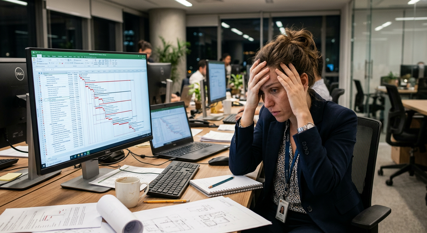 Profissional de engenharia frustrado olhando para um complexo cronograma do MS Project na tela do computador, indicando dificuldades no aprendizado e gerenciamento de projetos.