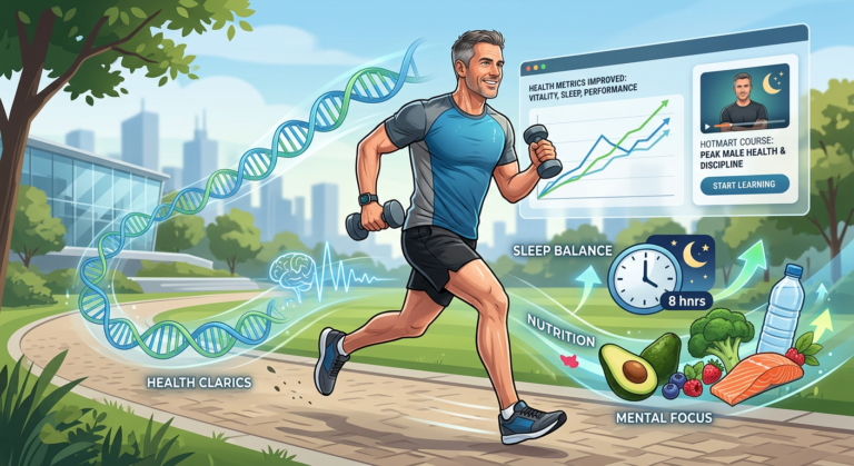 Homem com energia e foco, representando saúde masculina otimizada por curso online na Hotmart.