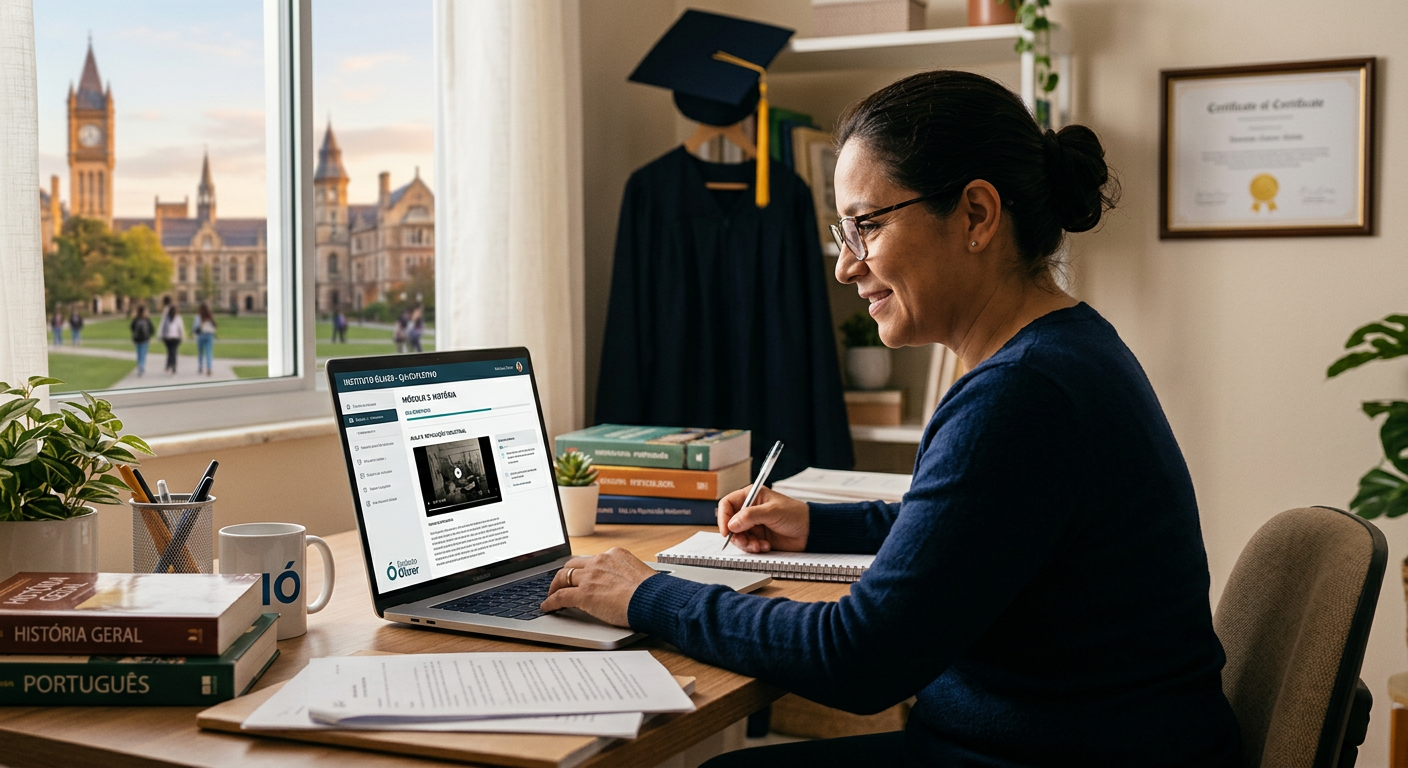Adulto estudando online com foco em um laptop para o EJA Supletivo Óliver, com elementos de sucesso no fundo, como um diploma ou um emblema policial.