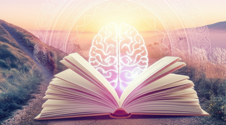 Ilustração de um nascer do sol sobre um caminho nas montanhas, um livro aberto com um cérebro iluminado emergindo, simbolizando o despertar da consciência e o aprendizado de desenvolvimento pessoal.