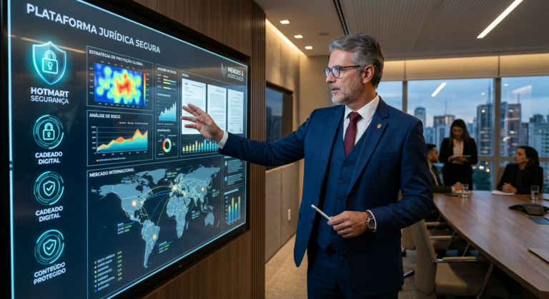 Dr. Augusto Mendes, mentor jurídico, em frente a tela digital com gráficos de grandes operações e símbolos de proteção de conteúdo em plataforma Hotmart.