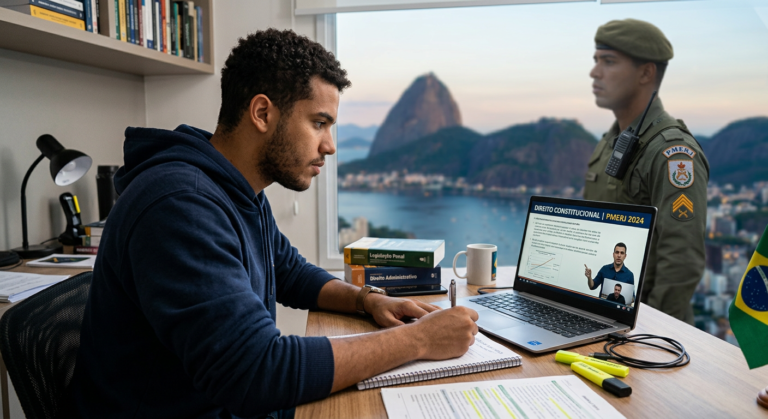 Jovem adulto estudando para o concurso PMERJ Soldado em um tablet, com a silhueta de um policial militar e paisagem do Rio de Janeiro ao fundo, simbolizando foco na preparação e aprovação.