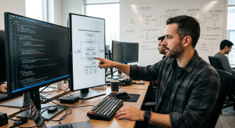 Engenheiro de IA, semelhante a Alberto Luiz, focado em código e diagramas de arquitetura para um sistema RAG com LLMs e agentes, ilustrando engenharia de IA prática e eficiente.