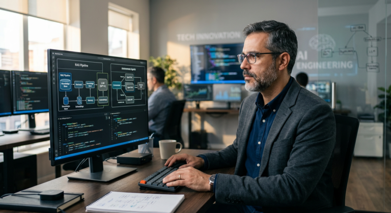 Alberto Souza, engenheiro de IA e instrutor, analisando arquiteturas de sistemas RAG e LLMs em um monitor.