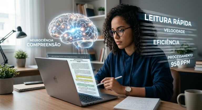 Imagem de um estudante ou profissional concentrado lendo em um laptop, com sobreposições visuais que representam neurociência e velocidade de leitura. O Metaleitura (LDE) de Renato Alves transforma a capacidade de leitura e compreensão.