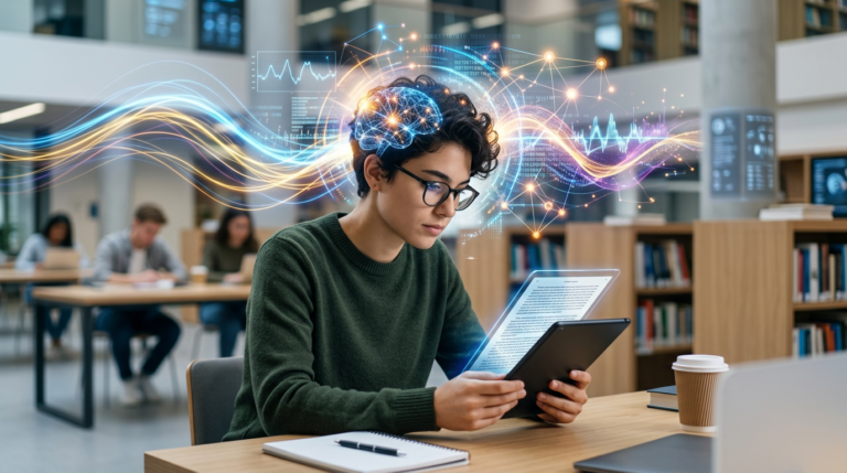 Pessoa lendo rapidamente em um tablet, com elementos visuais de luzes e redes neurais simbolizando leitura dinâmica e memorização acelerada do Curso Metaleitura de Renato Alves.