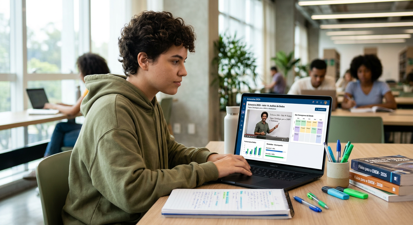 Estudante concentrado(a) em um laptop, utilizando a plataforma Extensiva 2026 para se preparar para o ENEM 2026, com materiais de estudo organizados ao redor.