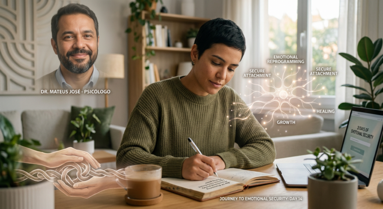 Psicólogo Mateus José em plano secundário, guiando uma pessoa em introspecção, escrevendo em um diário, com símbolos de segurança emocional e reprogramação de apego. Imagem que representa o Desafio 21 Dias.