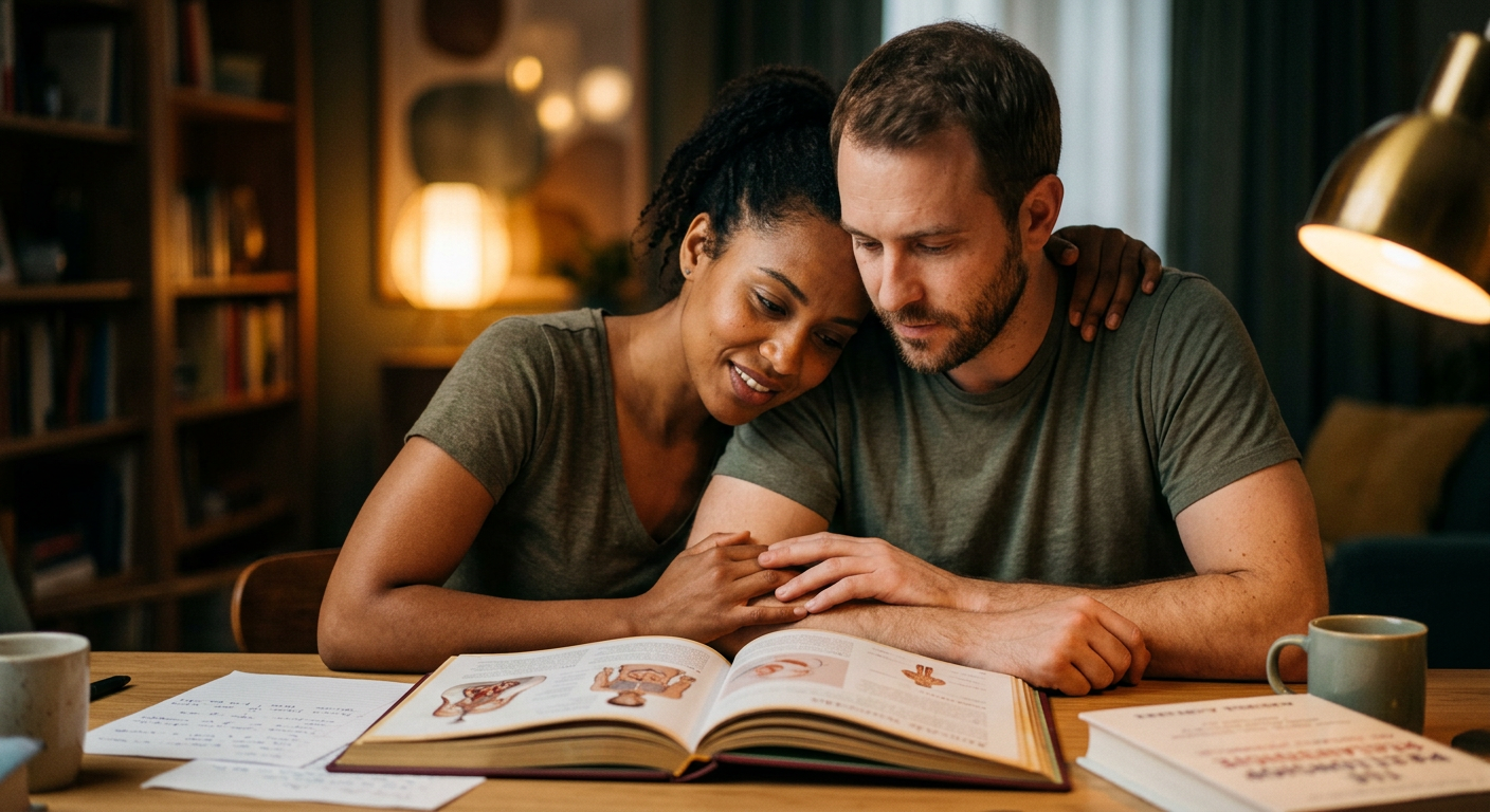 Casal aprendendo e aprimorando técnicas avançadas de intimidade e prazer oral feminino com guia especializado.