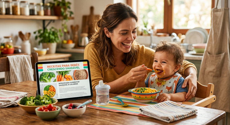 Mãe feliz alimentando bebê com prato colorido e livro 'Receitas Para Bebês Crescendo Saudável' aberto na mesa.