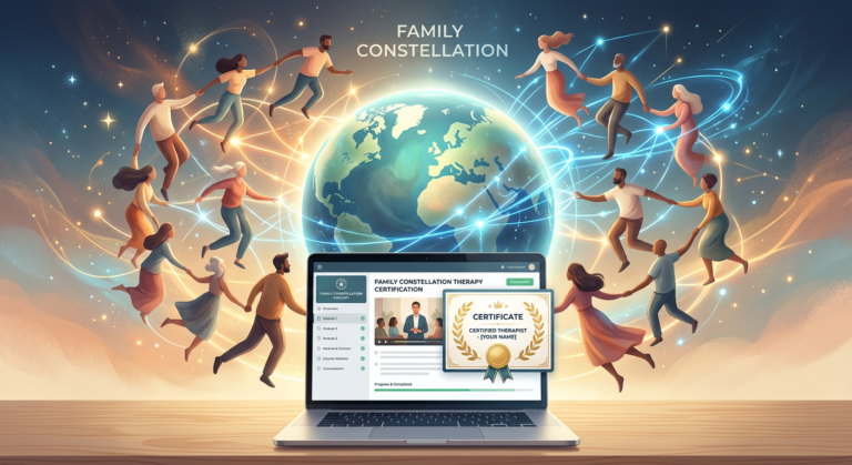 Ilustração de constelação familiar com figuras interconectadas em volta de um globo, com um laptop exibindo um certificado online.