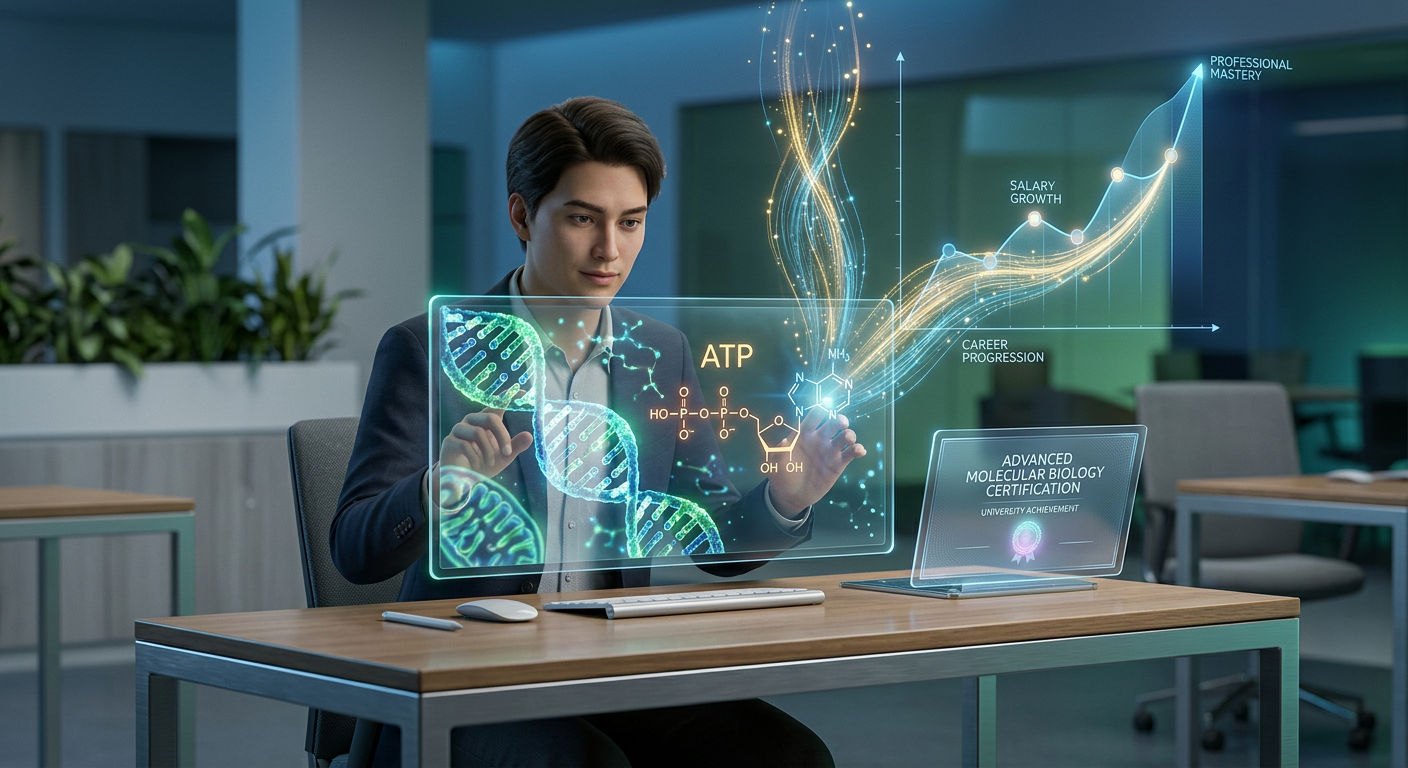 Estudante focado com certificado BIOATP digital, em cenário tecnológico com elementos de biologia molecular, ATP e gráfico de progressão salarial, simbolizando sucesso acadêmico e profissional.