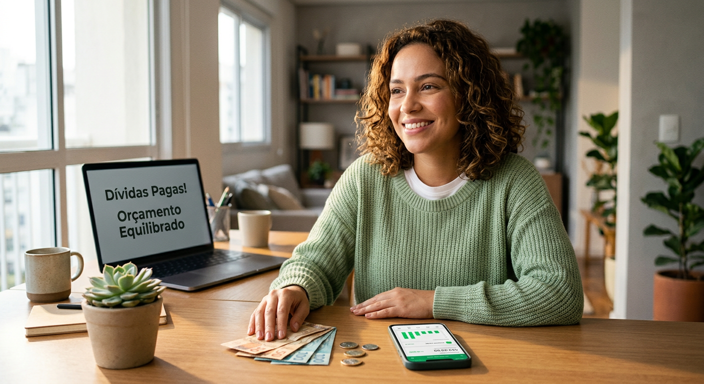 Pessoa sorridente e confiante, segurando um smartphone com aplicativo financeiro e organizando dinheiro em uma mesa limpa, simbolizando liberdade de dívidas e finanças controladas.