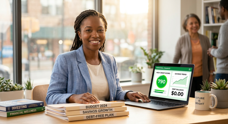 Pessoa sorrindo e confiante com finanças organizadas em um laptop, simbolizando liberdade de dívidas e estabilidade financeira após usar o método 'Viva Sempre com Dinheiro'.