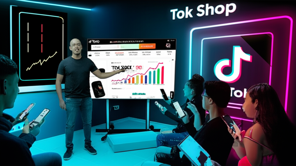 Jhonatas Silva teaching a TikTok sales course in a modern digital classroom with TikTok and Tok Shop branding.