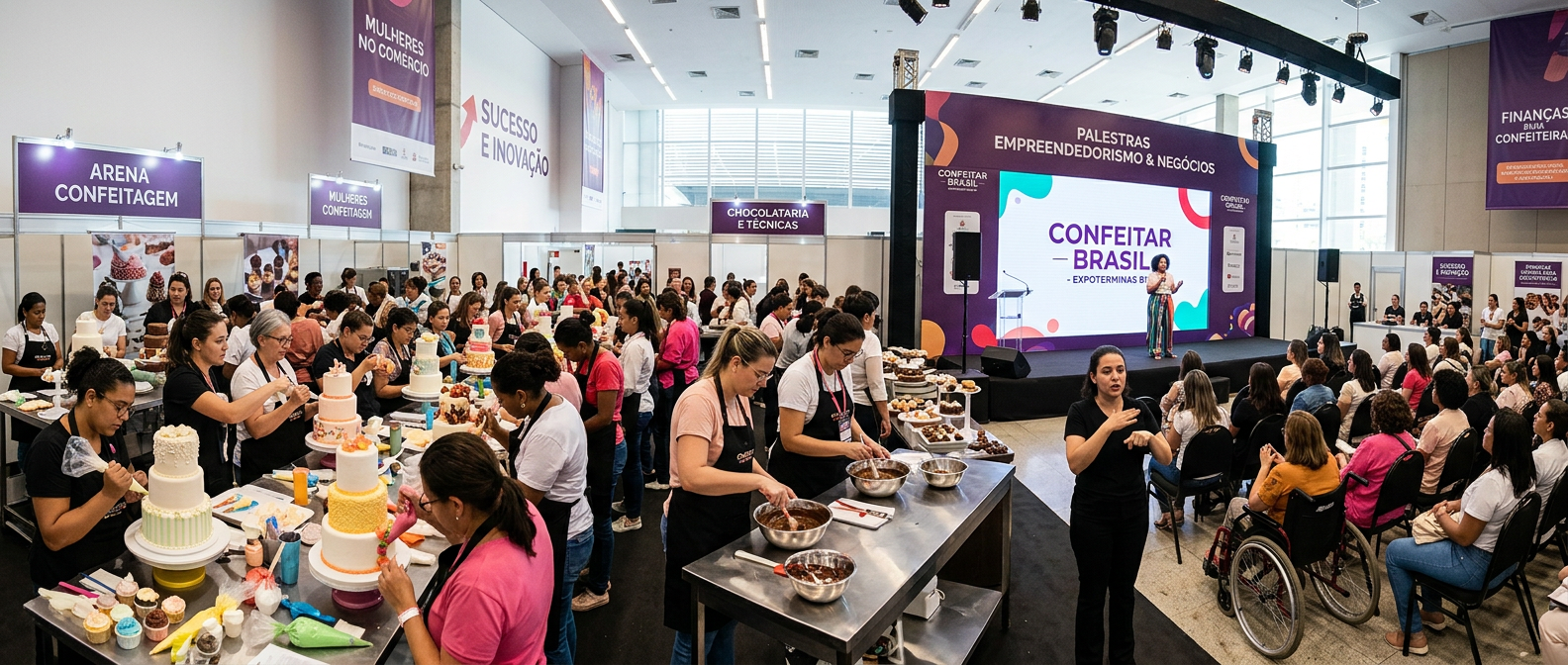 Mulheres empreendedoras participando ativamente do Confeitar Brasil 2026, com aulas de confeitaria, chocolate e gestão, e foco em inclusão no Expominas BH.