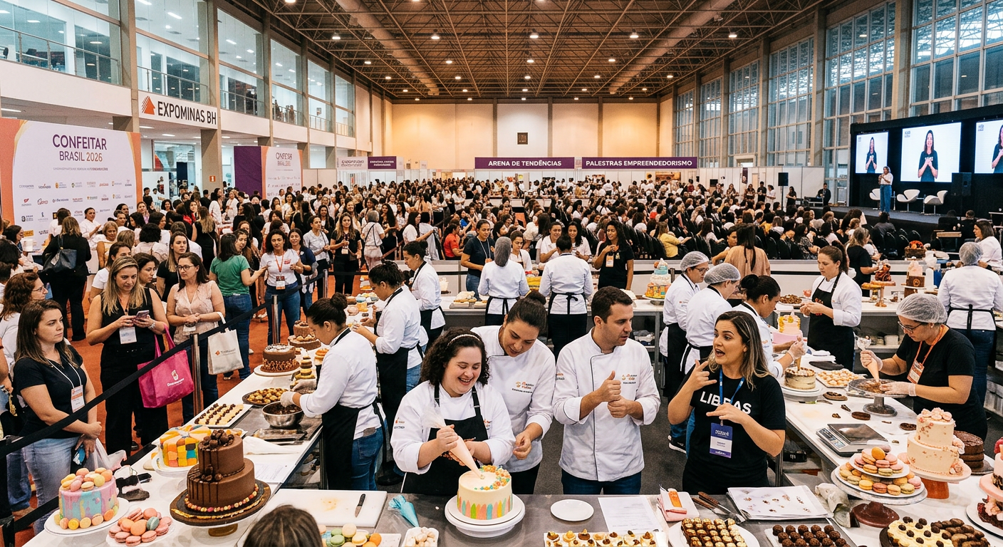 Mulheres empreendedoras e confeiteiras participando ativamente do Confeitar Brasil 2026 no Expominas BH, com aulas práticas, networking e inclusão.