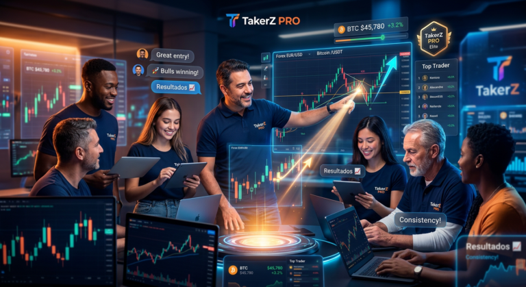 Comunidade TakerZ PRO com traders interagindo em telas digitais, exibindo gráficos de Forex e criptomoedas, com elementos de gamificação e mentoria ao fundo.