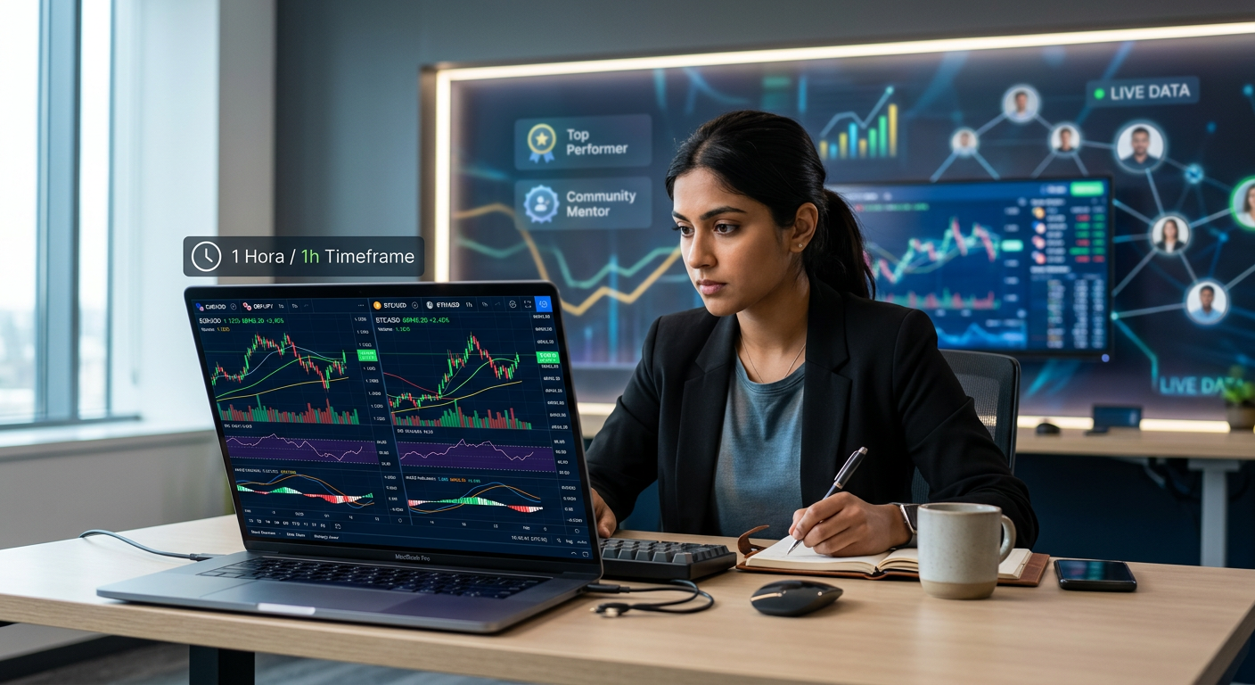 Trader focado em tela de laptop com gráficos de Forex e Cripto, relógio digital mostrando 1h, e elementos de comunidade online ao fundo, representando o TakerZ PRO.