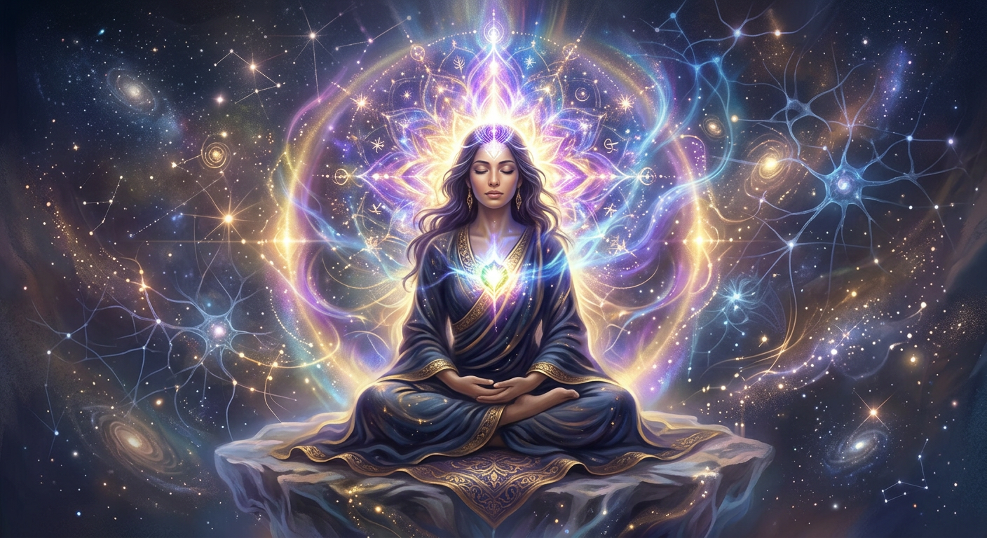 Figura meditativa com luz espiritual na cabeça, representando o despertar da consciência e a sabedoria metafísica, inspirada nos ensinamentos de Neville Goddard.