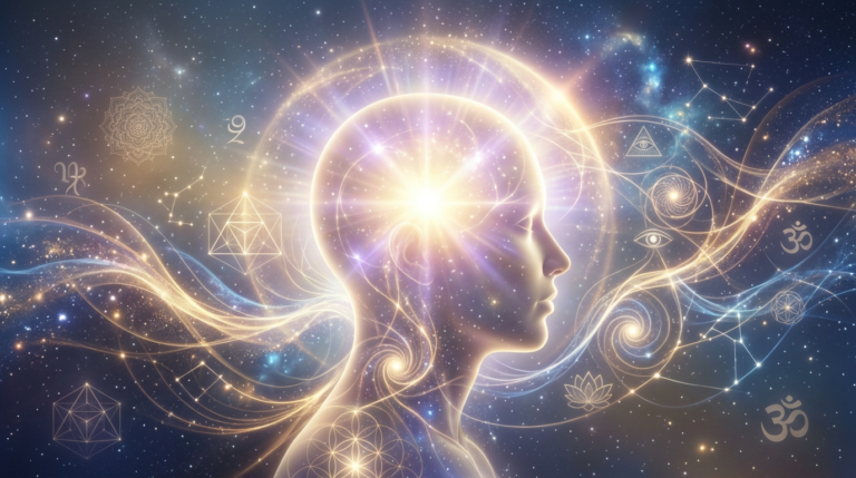 Representação etérea do despertar da consciência: silhueta humana com luz interna, irradiando ideias e imaginação, cercada por padrões cósmicos e símbolos de sabedoria metafísica, sugerindo transformação mental.