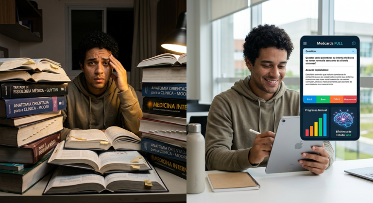 Estudante de medicina brasileiro usando o aplicativo Medcards FULL em um tablet, transformando uma expressão de preocupação em confiança, com flashcards e elementos de algoritmo de estudo visíveis na tela. Representa superação da lentidão no estudo.