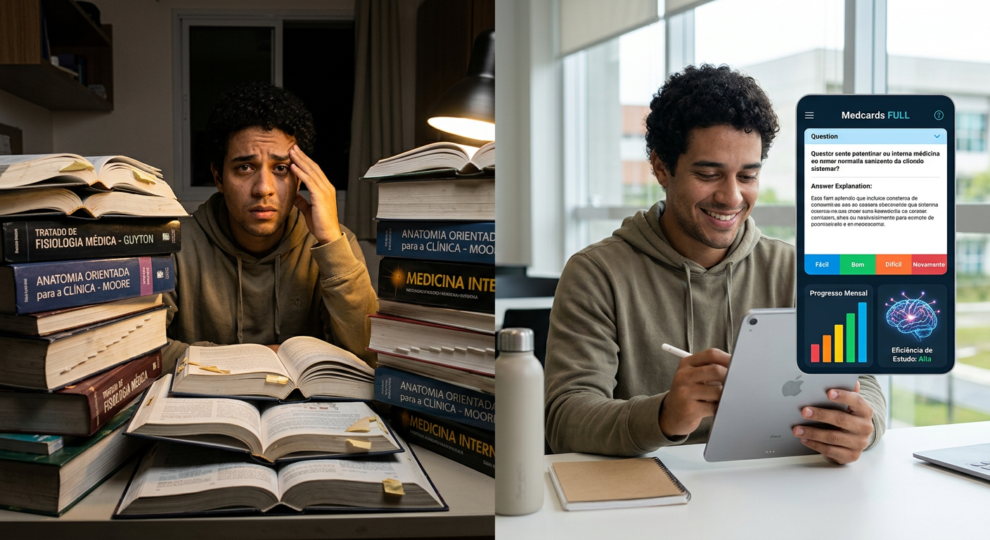 Estudante de medicina brasileiro usando o aplicativo Medcards FULL em um tablet, transformando uma expressão de preocupação em confiança, com flashcards e elementos de algoritmo de estudo visíveis na tela. Representa superação da lentidão no estudo.