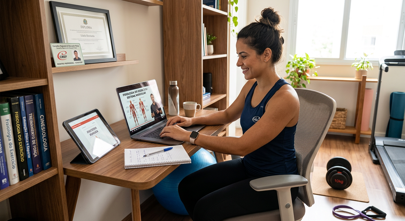 Estudante adulto focada(o) em laptop para curso de Educação Física EAD do Instituto Óliver, com elementos de fitness e diploma ao fundo, simbolizando flexibilidade e qualificação profissional.