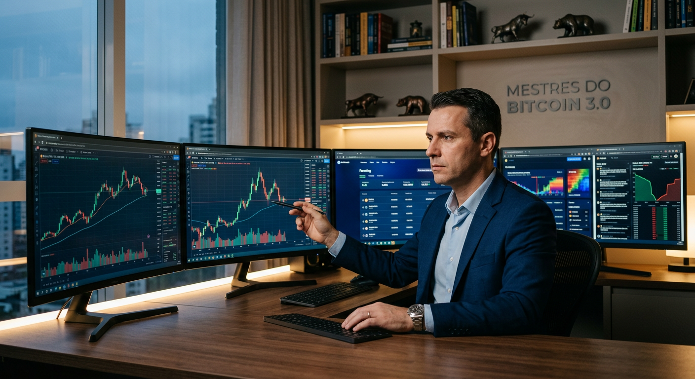 Augusto Backes focado em múltiplas telas exibindo gráficos de criptomoedas e dados on-chain, representando a análise técnica e gestão de risco do curso Mestres do Bitcoin.