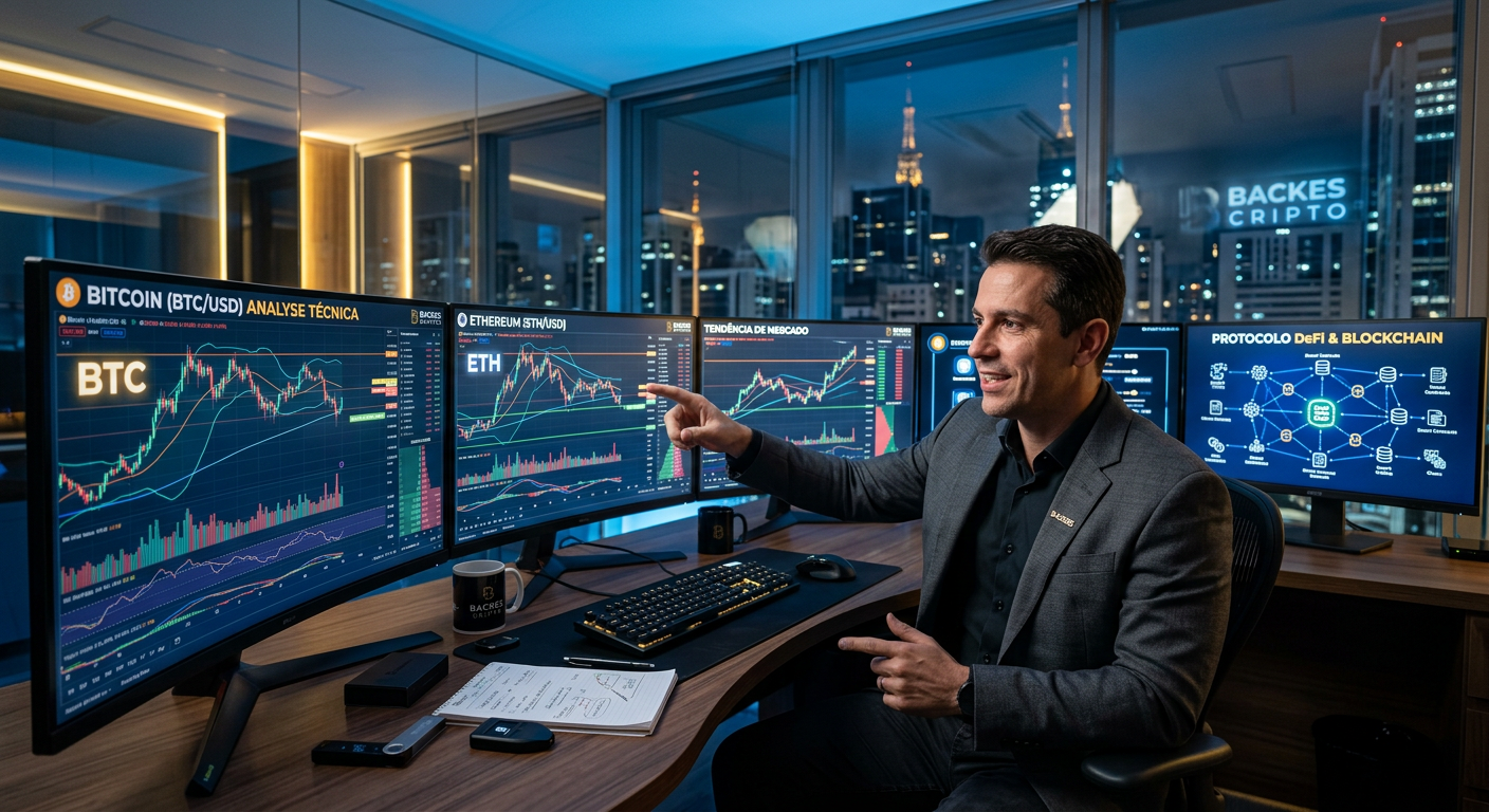 Augusto Backes analisando gráficos de Bitcoin e criptomoedas em múltiplos monitores para o curso Mestres do Bitcoin 3.0.