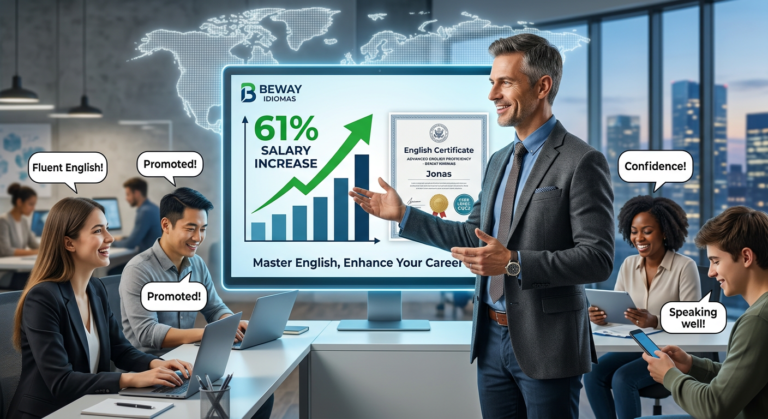 Professor Jonas do Beway Idiomas apresentando o certificado de inglês e um gráfico de aumento salarial, com alunos diversos aprendendo em dispositivos digitais.