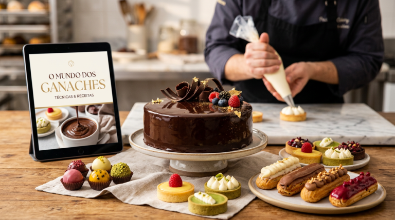 Imagem de um bolo decorado com ganache de chocolate, cercado por doces variados com ganaches coloridos, e um e-book 'O Mundo dos Ganaches' em um ambiente de confeitaria.