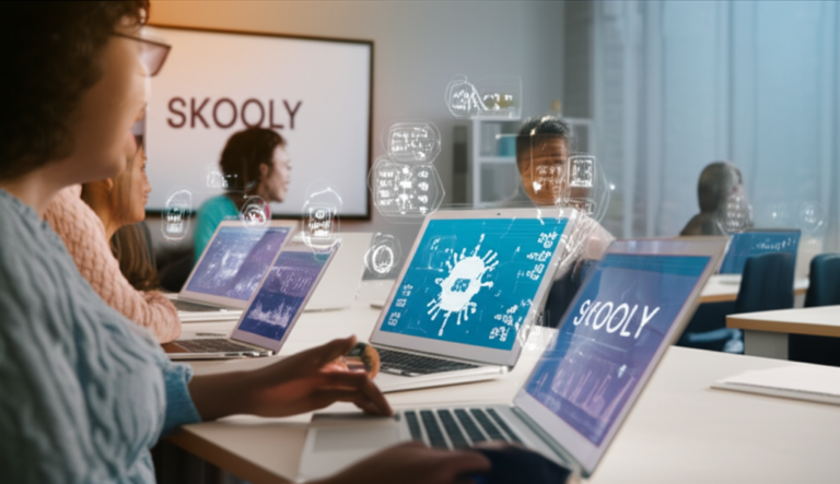 Professores usando ferramentas de IA da Skooly em uma sala de aula digital e colaborativa.