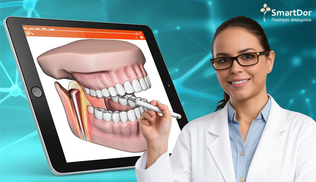 Tela de aprendizado digital da SmartDor mostrando modelo 3D da articulação temporomandibular e dentes com bruxismo, guiado por avatar de dentista.