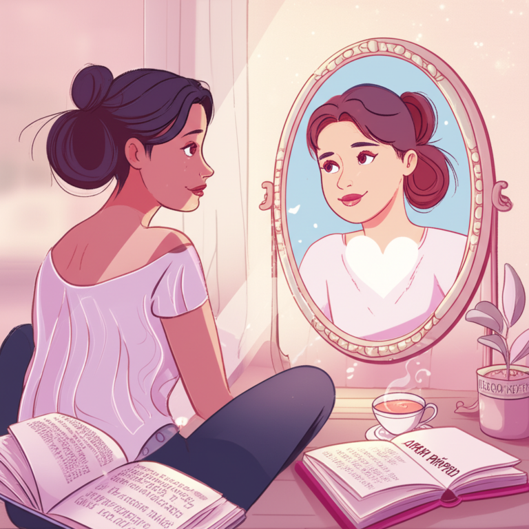 Ilustração de Pamela Magalhães refletindo amor próprio diante de um espelho com coração brilhante.