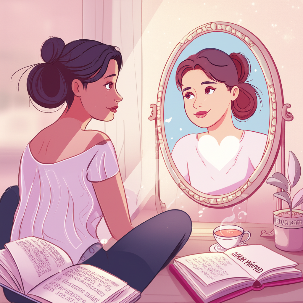 Ilustração de Pamela Magalhães refletindo amor próprio diante de um espelho com coração brilhante.