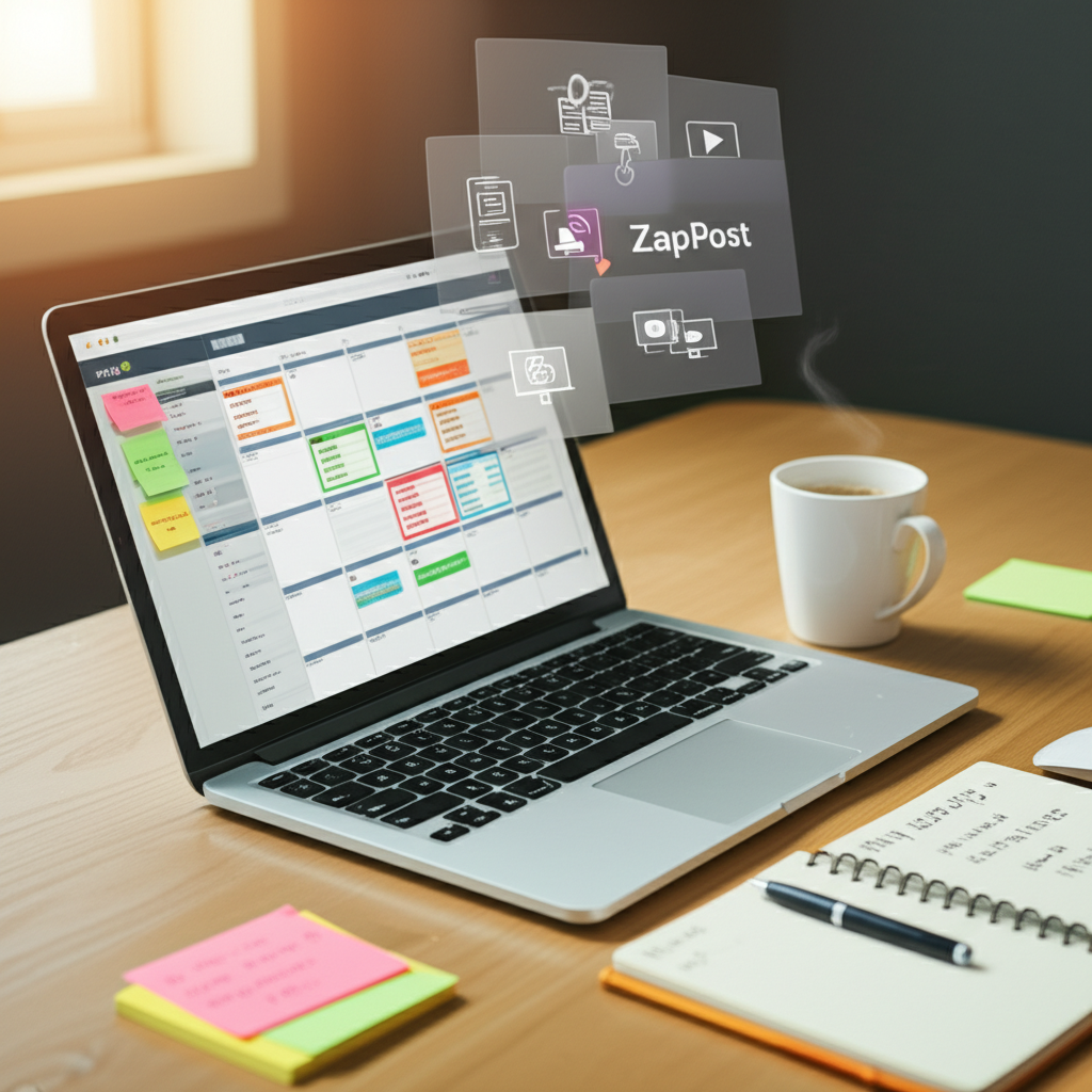 Workspace with laptop, notebook, and colorful sticky notes illustrating daily content creation for ZapPost.