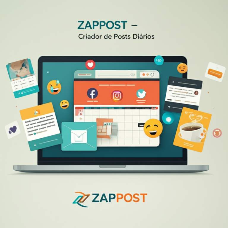 Ilustração do ZAPPOST, criador de posts diários, mostrando um laptop com calendário e ícones de redes sociais.