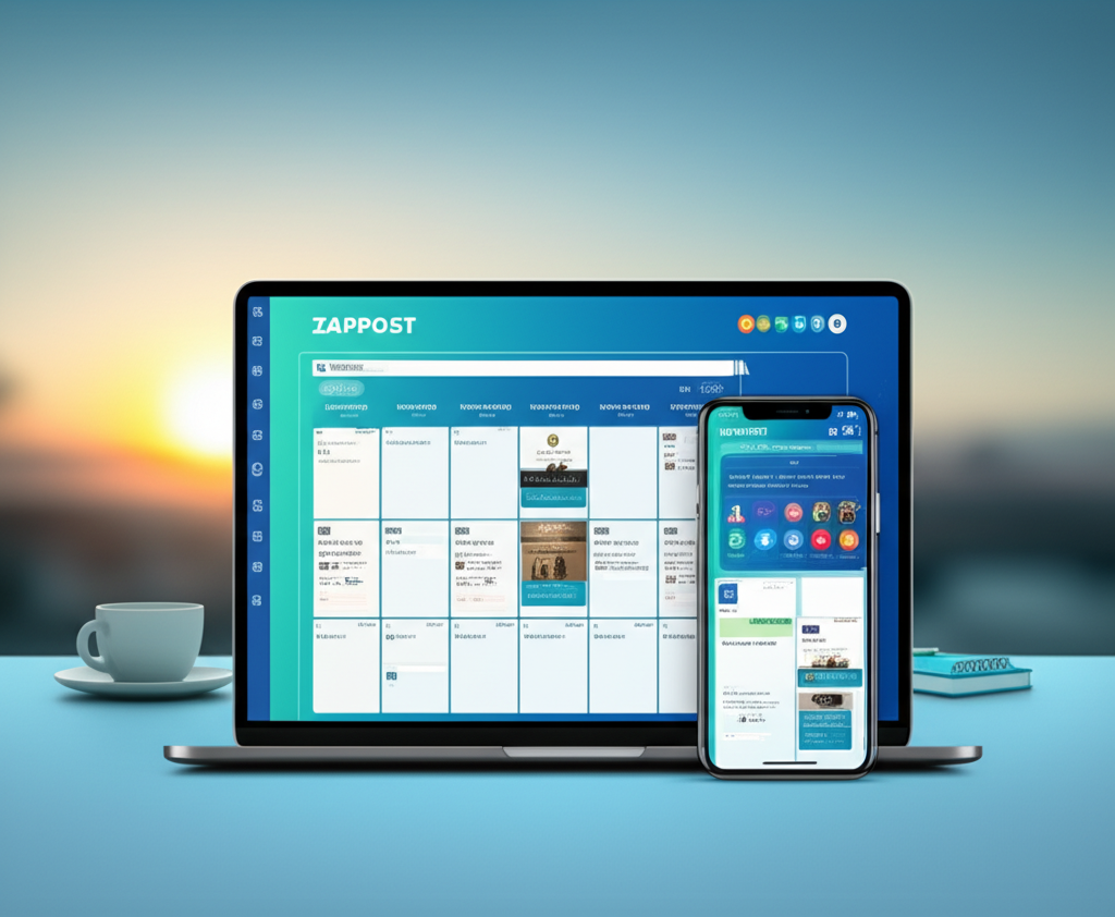 Interface of ZAPPOST showing daily post calendar and AI content suggestions on desktop and mobile screens.