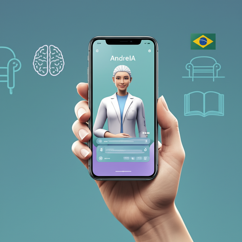 Captura de tela da interface da AndreIA – Terapeuta de Bolso, mostrando avatar de IA e elementos de psicanálise em cores suaves.