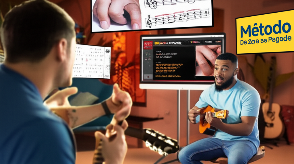 Professor demonstra técnica de batida da mão direita no cavaquinho durante aula do Método Do Zero ao Pagode, com telas multi‑ângulo e notação rítmica ao fundo.