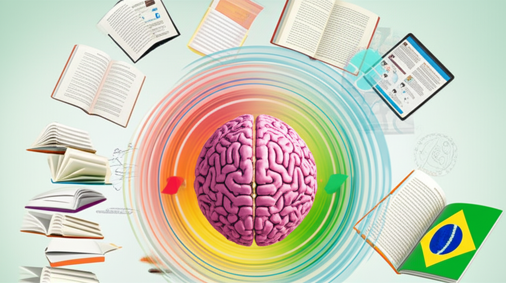 Ilustração de um cérebro em forma de roda 360° girando, cercado por livros, notas, tablets e setas que simbolizam técnicas de memorização e leitura dinâmica do Combo Memória 360.