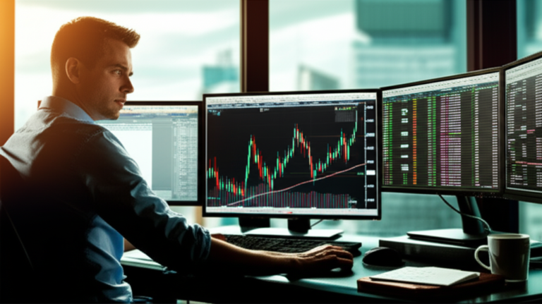 Hermann Greb analisando gráficos de ações em seu escritório de trading