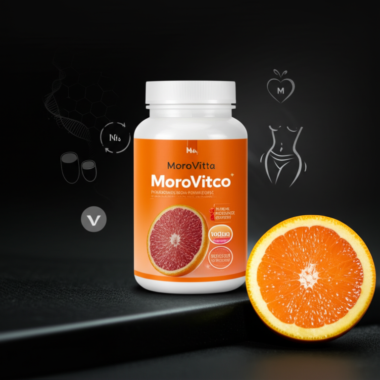Frasco de MoroVitta sobre superfície escura ao lado de uma laranja Moro cortada, destacando rótulo vibrante e ícones de metabolismo e colágeno.