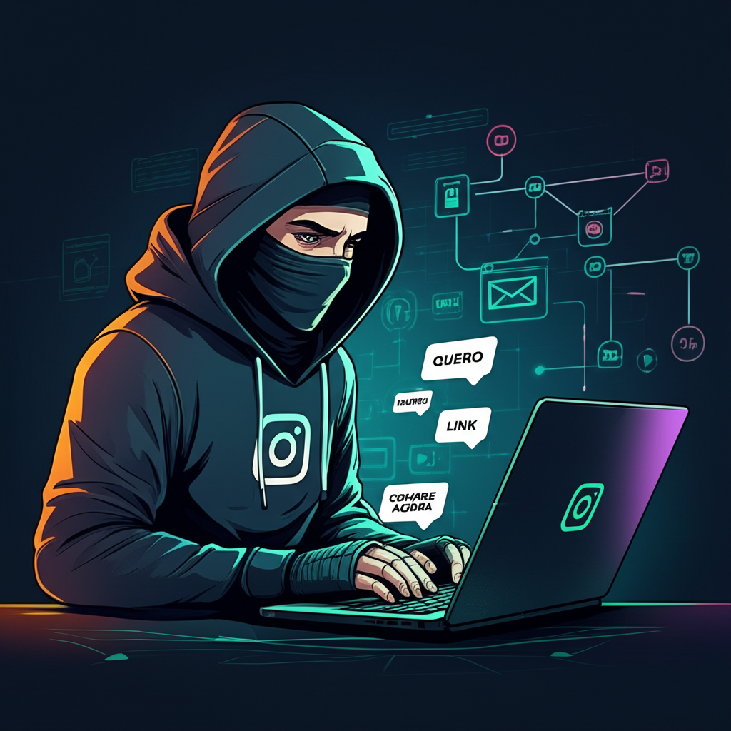 Ilustração de um ninja digital usando o InstaNinja para automatizar respostas e envios de links no Instagram.