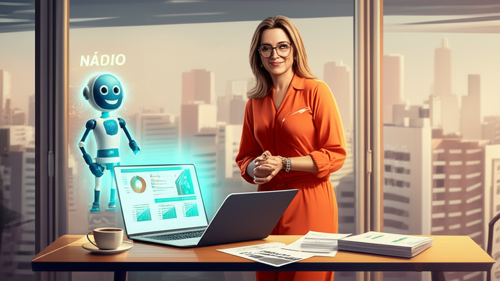 Nádia Pace apresentando o método "Viva Sempre com Dinheiro" ao lado da IA Nádio, com gráficos de redução de dívida e símbolo de liberdade financeira.