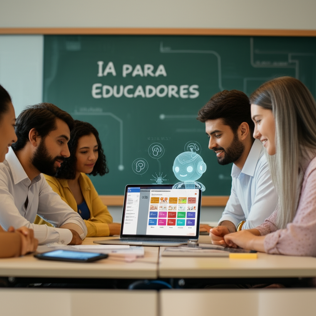 Professores usando a plataforma Skooly IA em tablets e laptops, com recursos inclusivos e alinhamento à BNCC exibidos na tela.