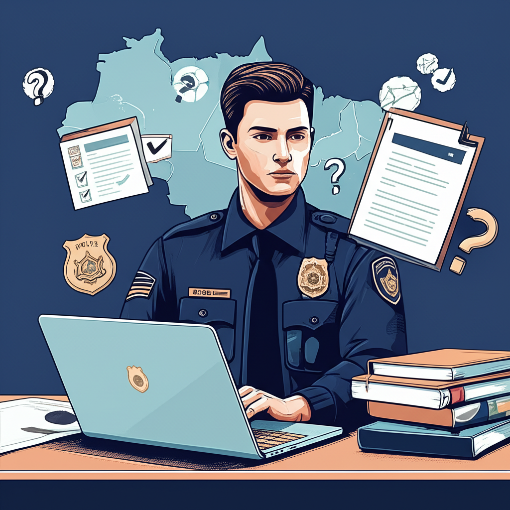 Policial estudando para concurso com laptop aberto em plataforma de questões, rodeado por ícones de perguntas e símbolos de segurança pública.