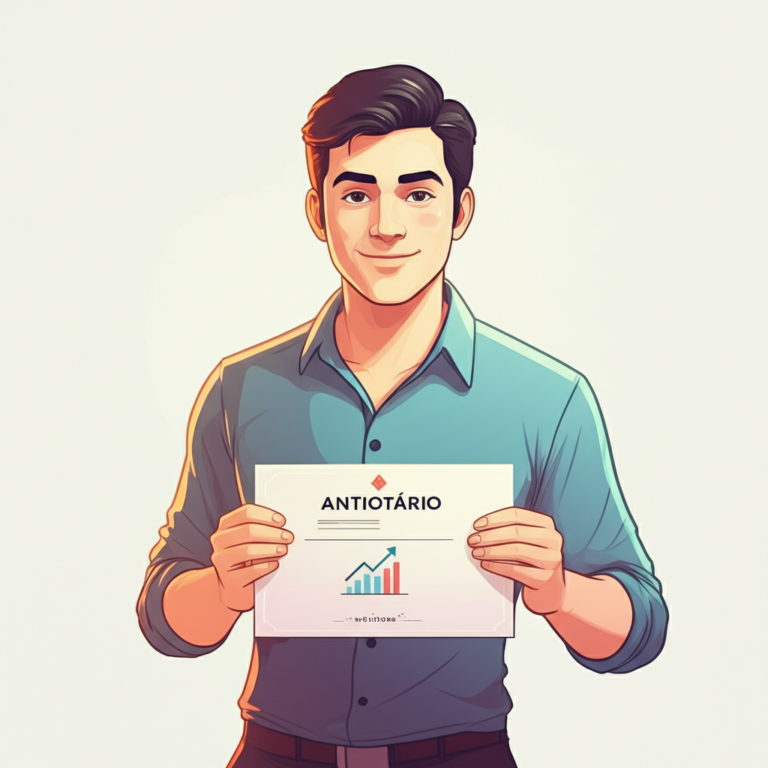 Illustration of a man holding a certificate labeled "Antiotário" with an upward arrow symbolizing salary increase.