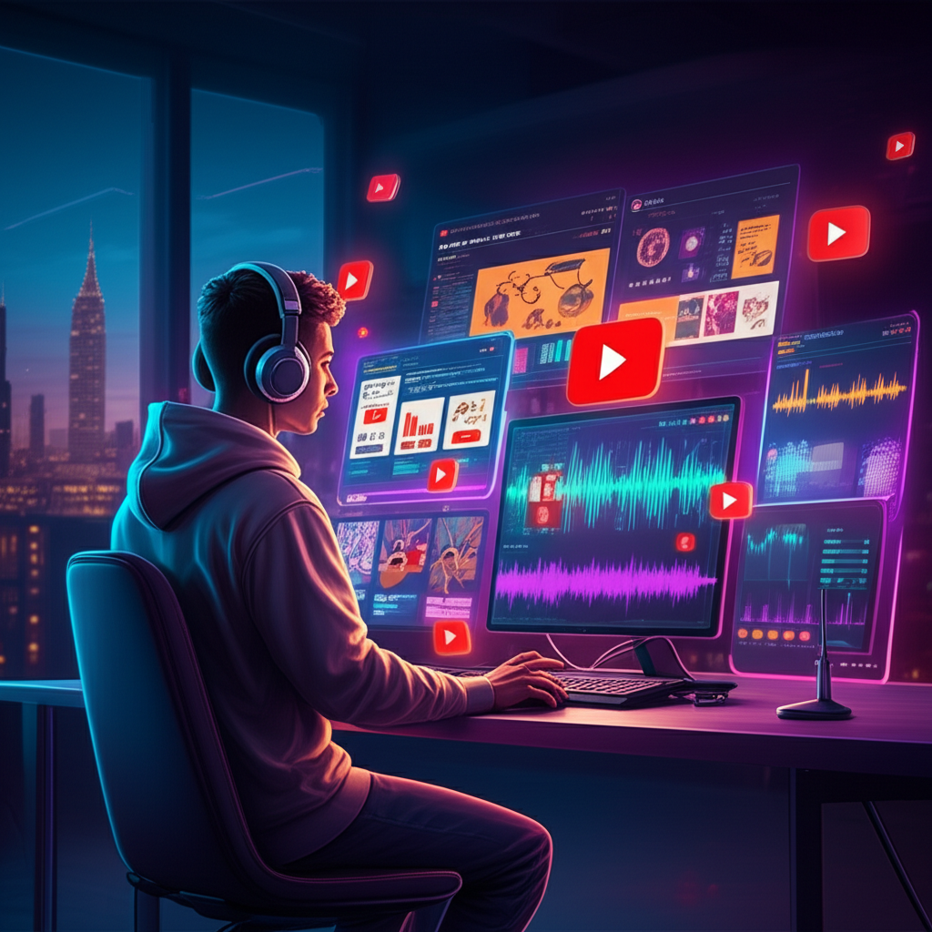 Jovem profissional em estúdio futurista, cercado por telas holográficas de métricas do YouTube, ícones de IA e ferramentas de SEO, representando o curso Mestres do Algoritmo – Profissão Youtuber.